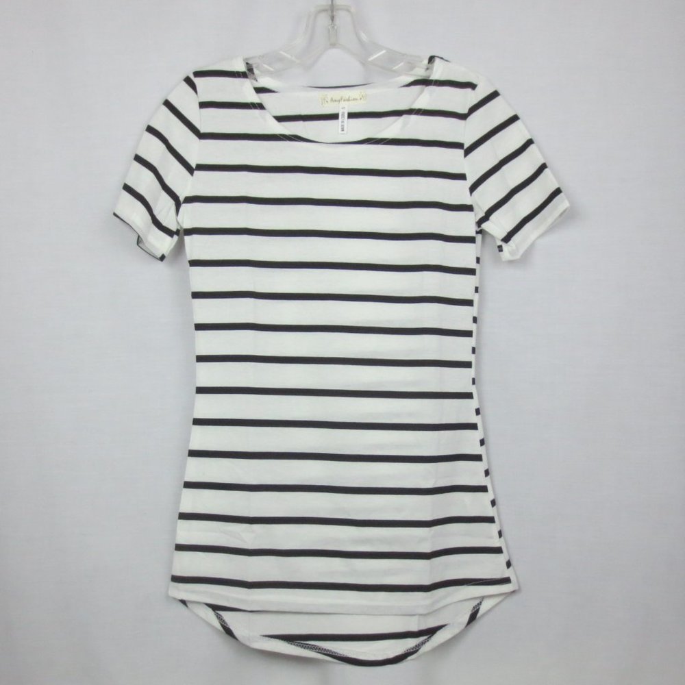 New Amy Fashion Tunic Black Ivory Striped Stretch Cotton Comfort Hi Low Size S